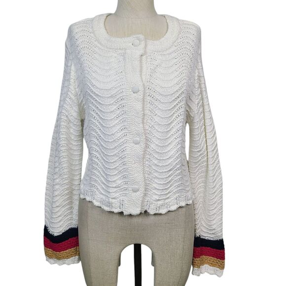 House Of Harlow 1960 Cardigan L Cream Knit Button‎ Front Striped Sleeve Sweater - Picture 1 of 11